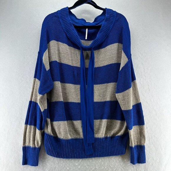 Free People Sweater Size L Cassidy Off The Shoulder Striped Tie Neck Tunic Blue - Picture 1 of 11